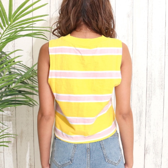 GUESS Women's Yellow Striped Crew Neck Sleeveless Crop Top Small New with Tags - Picture 4 of 5